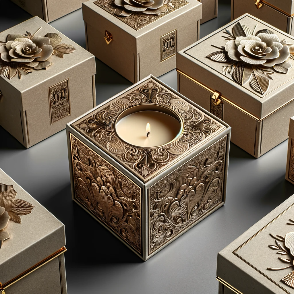 DALL·E 2024-01-04 16.48.57 - Custom luxury candle boxes made of cardboard, showcasing an elegant and sophisticated design. The boxes are crafted from high-quality, textured cardbo