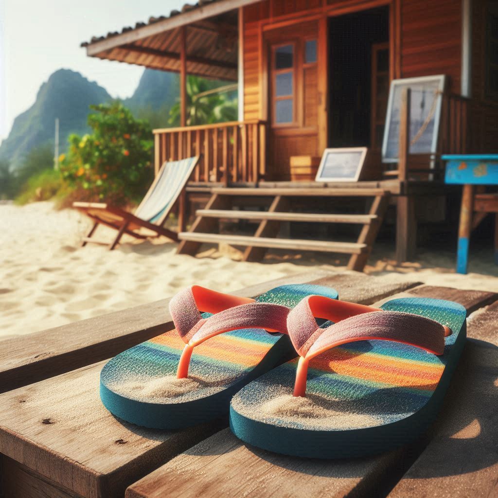 A pair of multicolored flip flop slippers at the beach, placed outside of a beach hut.