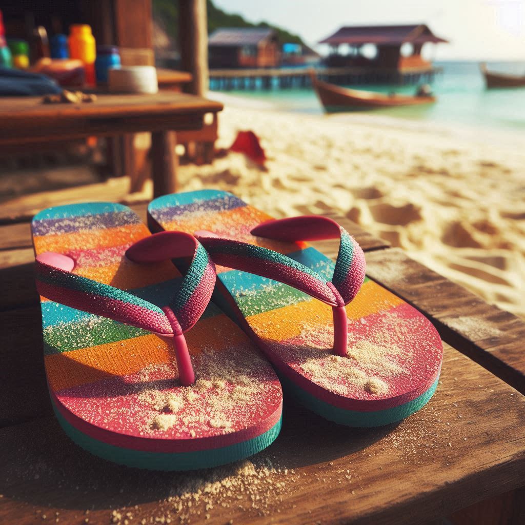 Multicolor flip flop slippers pair at the bach with some sand in it.