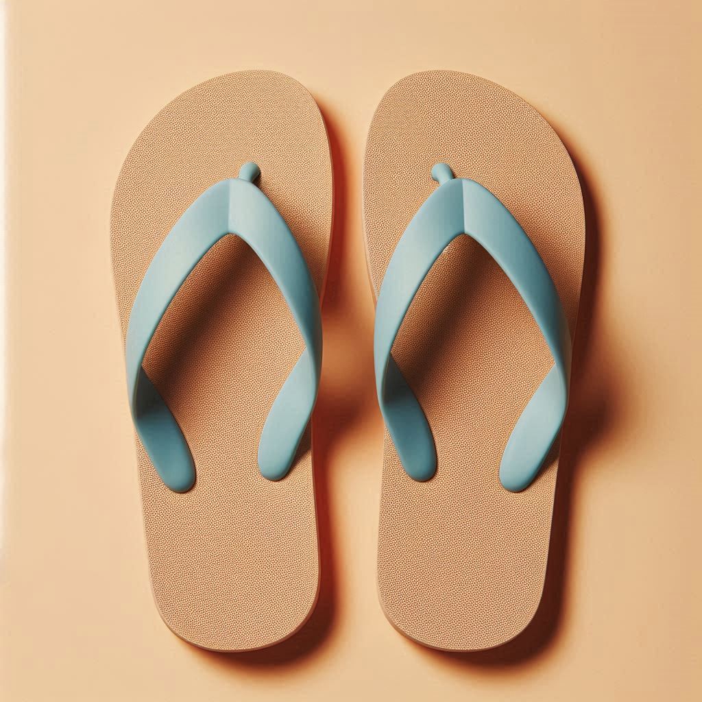 A pair of flip flop slippers in peach and blue colors.