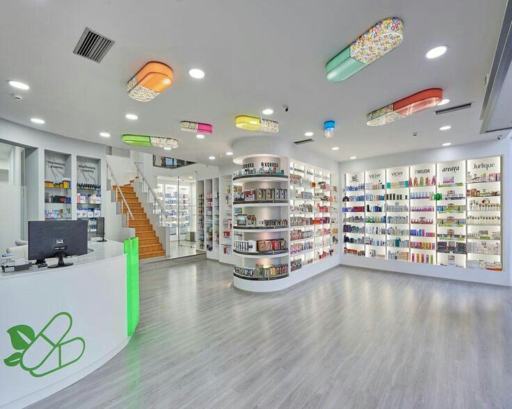 Modern pharmacy design with shelves and counter